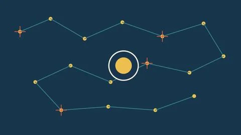 Abstract constellation map with yellow sun and connecting lines on a dark b.. Stock Illustration