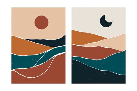 Abstract contemporary mountain backgrounds. Boho poster set sun moon landscape Stock Illustration