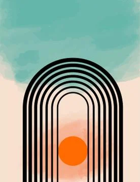 Abstract contemporary vector background with rainbow, sun, clouds. Sky landscape Stock Illustration