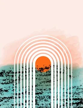 Abstract contemporary vector background with rainbow, sun, rays. Sea sunset Illustrazione stock