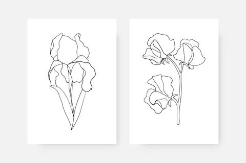 Abstract continuous line flowers posters. Set of wall decor with one line Stock Illustration