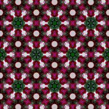 Abstract continuous repeat pattern, mosaic kaleidoscope in green and pink flo Illustrazione stock