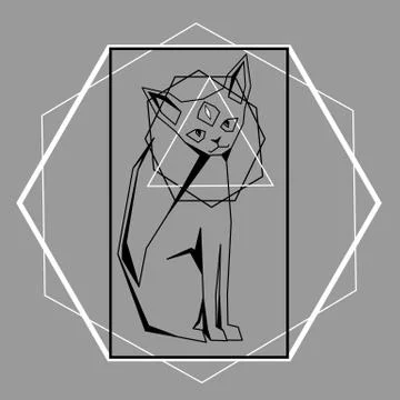 Abstract contour sphynx cat with third eye in polygonal frame Stock Illustration