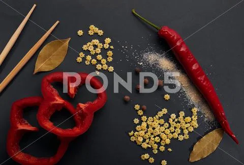 Abstract cooking on a blue background and Chinese sticks Stock Photos