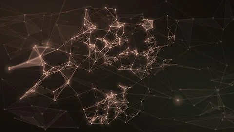 Abstract copper-colored nodes and connected polygonal lines form luminous f.. Illustrazione stock