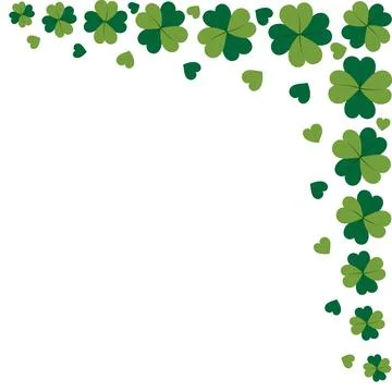 Abstract corner border of clover leaves with 4 petals and decorative hearts in Stock Illustration