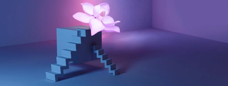 Abstract corner composition with podium and staircase, neon light, circle and 스톡 일러스트