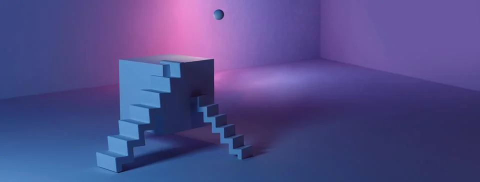 Abstract corner composition with podium and staircase, neon light, circle and Illustrazione stock