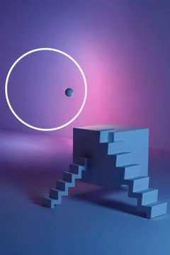 Abstract corner composition with podium and staircase, neon light, circle and Stockillustratie