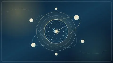 Abstract cosmic atom illustration with orbiting celestial bodies and starbu.. 스톡 일러스트