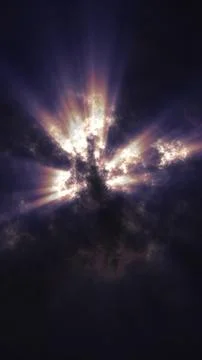 Abstract cosmic explosion with glowing rays of light breaking through dark cl Stockillustratie