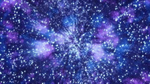 Abstract cosmic explosion of light and stars in purple and blue tones, symbol Stock Illustration