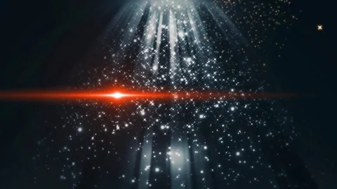 Abstract cosmic light beams with glowing golden particles floating across dark Stock Footage 346045917