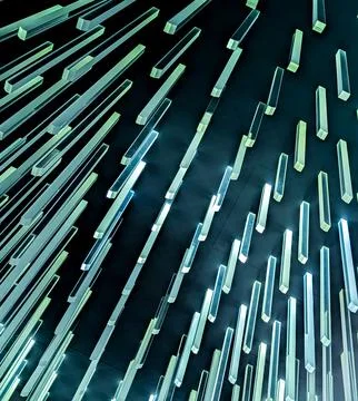 Abstract Cosmic Light Crystal Installation with Glowing Geometric Beams Stock Photos
