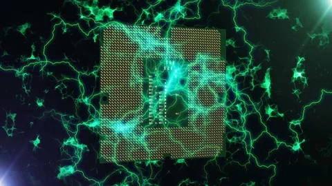 Abstract CPU processor rotates in electric field Stock Footage 77379100