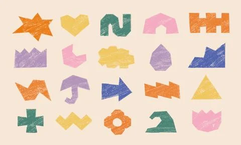 Abstract crayon, brush drawn doodle figures, shapes. Color childish contemporary Stock Illustration