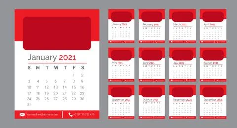Abstract creative minimal red color 2021 wall calendar design set vector Stock Illustration