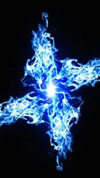 Abstract cross-shaped blue flame and glowing plasma energy bursting on a da.. Stock Illustration