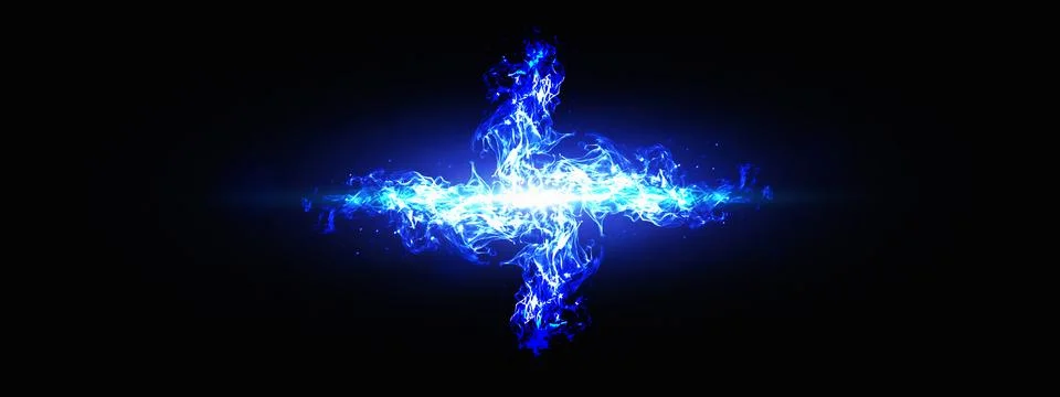 Abstract cross-shaped blue flame and glowing plasma energy bursting on a da.. Stock Illustration