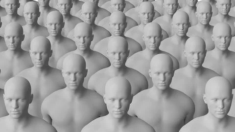 Abstract Crowd of Identical Mannequin Figures in Monochrome. Conceptual Ill.. Illustrazione stock