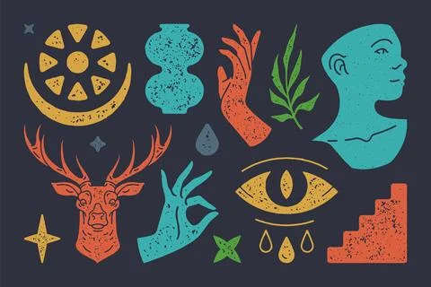 Abstract crying boho eye with floral crescent. Bust of antique sculpture with Stock Illustration
