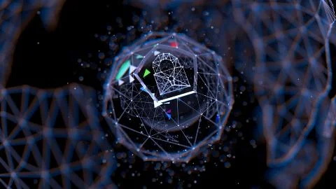 Abstract crypto cyber security technology on global network background. Digital Stock Illustration