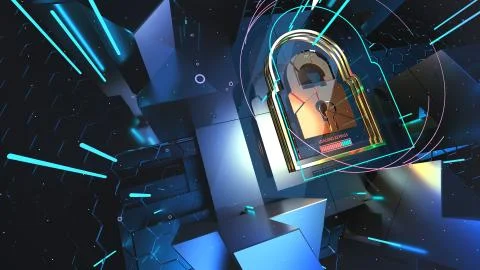 Abstract crypto cyber security technology on global network background. Digital Stock Illustration