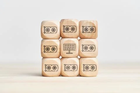 Abstract crypto farm from video cards with icons on wooden cubes Stock Photos
