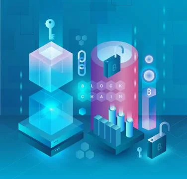 Abstract cryptocurrency and Blockchain vector concept. Mining farm. Bitcoin Stock Illustration