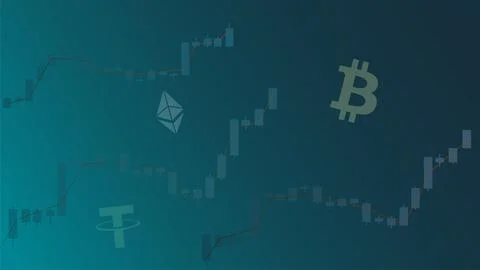 Abstract cryptocurrency blue background with graphs and symbols. Logos of coins Illustrazione stock