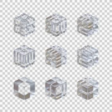 Abstract Crystal Glass Cube Geometric Icon Set 3D Render Transparent Isomet.. 스톡 일러스트