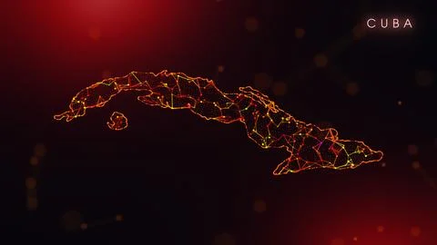 Abstract Cuba Map Digital Network Background With Red And Orange Plexus Dots Illustrazione stock