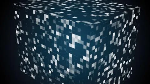 Abstract cube forming with random white squares on blue background Stockillustratie