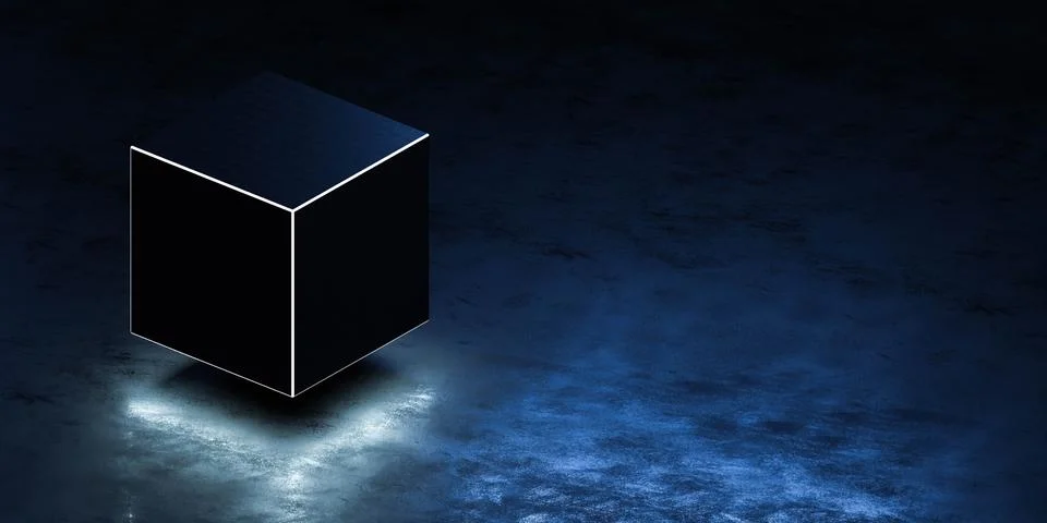 Abstract cube geometric object flying over dark concrete surface 3d render イラスト素材