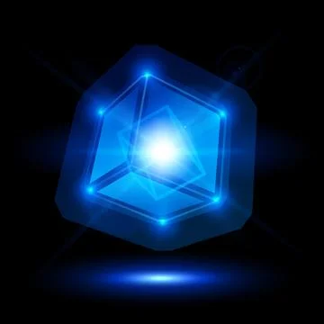 Abstract cube with glowing dots, rays, highlights and reflection, neon blue Stock Illustration