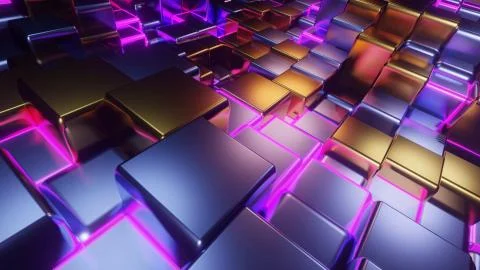 Abstract cube grid with glowing metal neon 3d illustration background wallpaper Stock Illustration