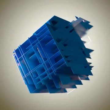 Abstract cube made of blue color plates on a gray background. 3d rendering Stock Illustration