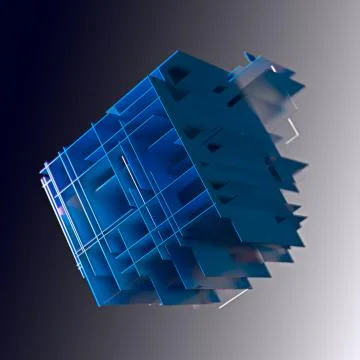 Abstract cube made of blue color plates on a gray background. 3d rendering Stock Illustration