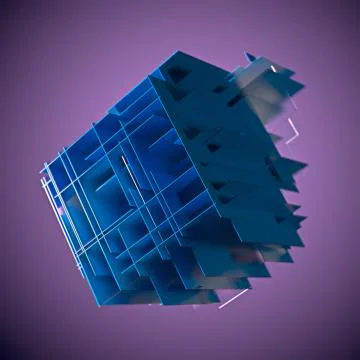 Abstract cube made of blue color plates on a purple background. 3d rendering Stock Illustration