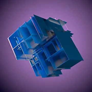 Abstract cube made of blue color plates on a purple background. 3d rendering Stock Illustration