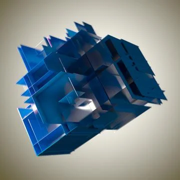 Abstract cube made of blue color plates on a gray background. 3d rendering Stock Illustration