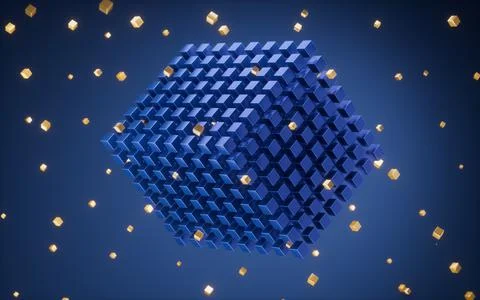 Abstract cubes and glowing particles with blue background, 3d rendering. Stock Illustration