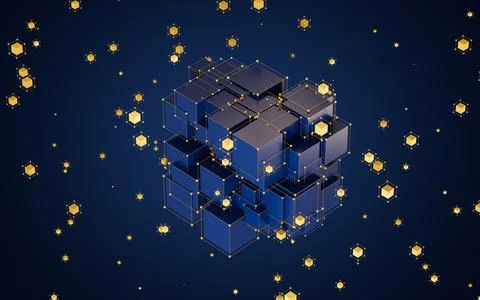 Abstract cubes and glowing particles with blue background, 3d rendering. 스톡 일러스트