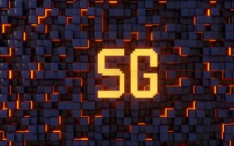 Abstract cubes background and 5G wireless communication technologies, 3d rend Stock-Illustration