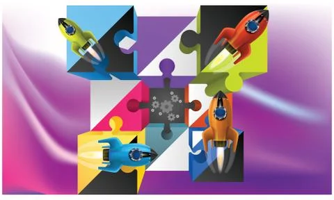 Abstract cubes with colored spaceship on wave background Stock Illustration