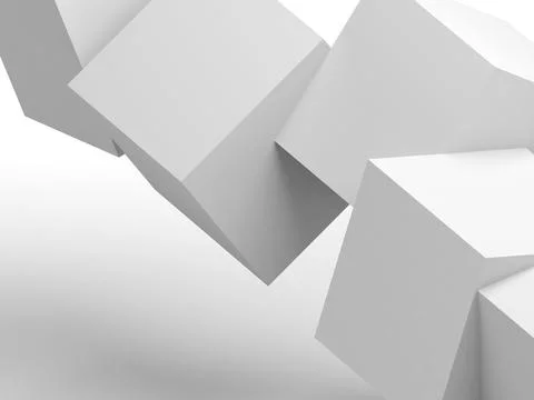 Abstract cubes installation in an empty white studio room. 3d Illustrazione stock