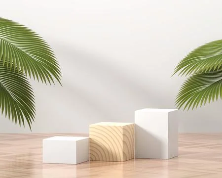Abstract cubes platform podium showcase for product display with palm leave.. Stock Photos