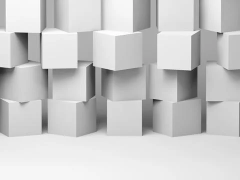 Abstract cubes wall installation in a white studio room. 3 d Illustrazione stock