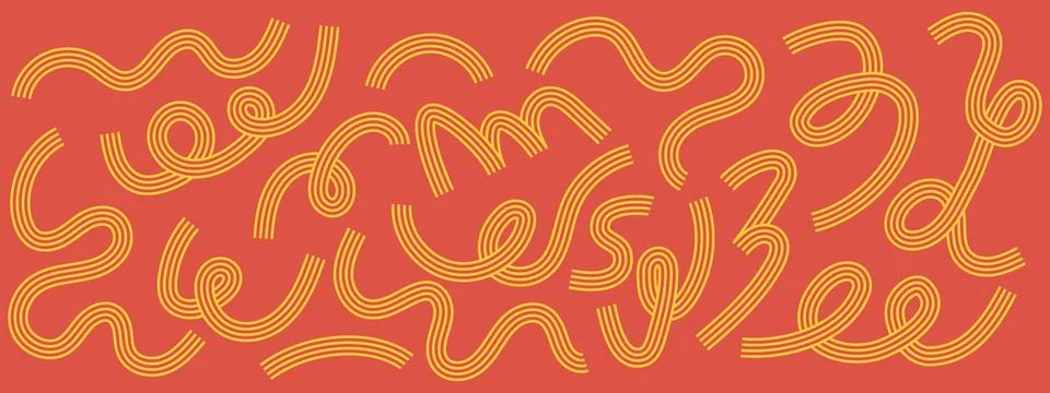 Abstract curved pasta elements with spaghetti shapes and spiral noodle wave.. Stock Illustration