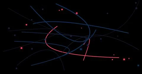 Abstract curving lines and dots in blue and red on black background Illustrazione stock